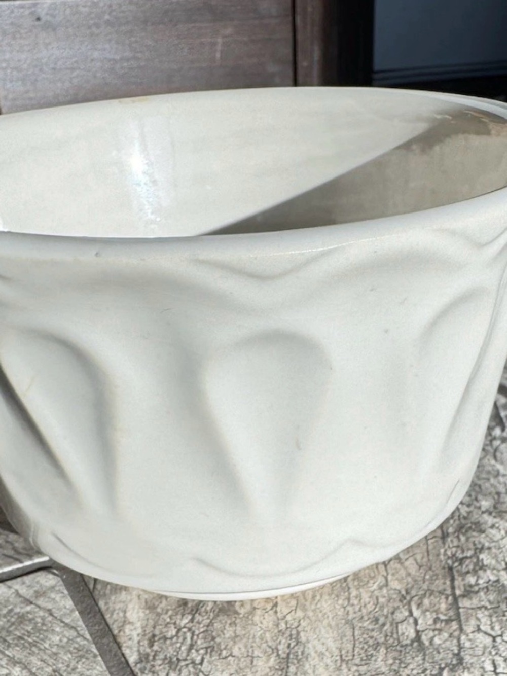 Vintage USA White  Pottery Planter Raised Abstract Design 8.5 Inch